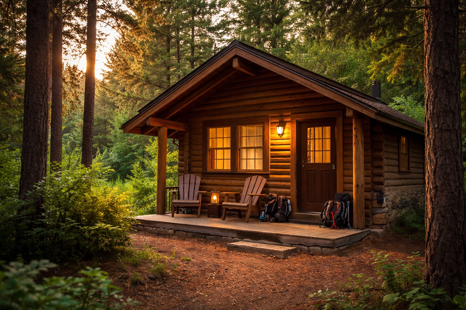 Rustic cabin surrounded by tall pines at Banning RV Park, offering cozy camping near Banning State Park.