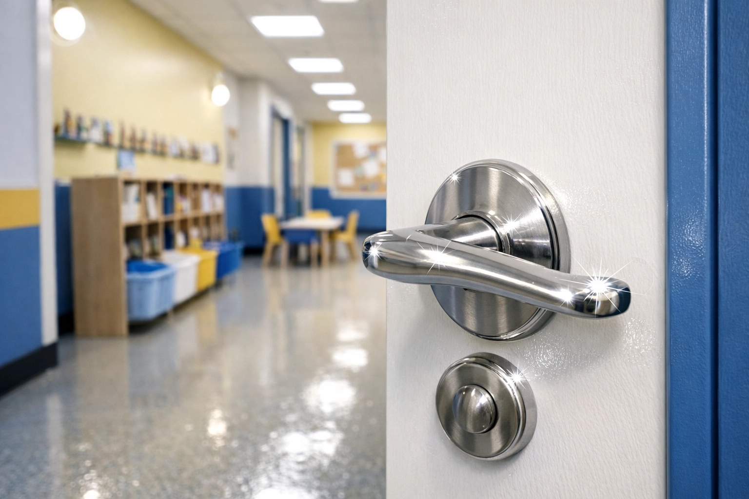 Professional daycare cleaning in Worcester expert sanitizing a high-touch door handle in a school hallway.