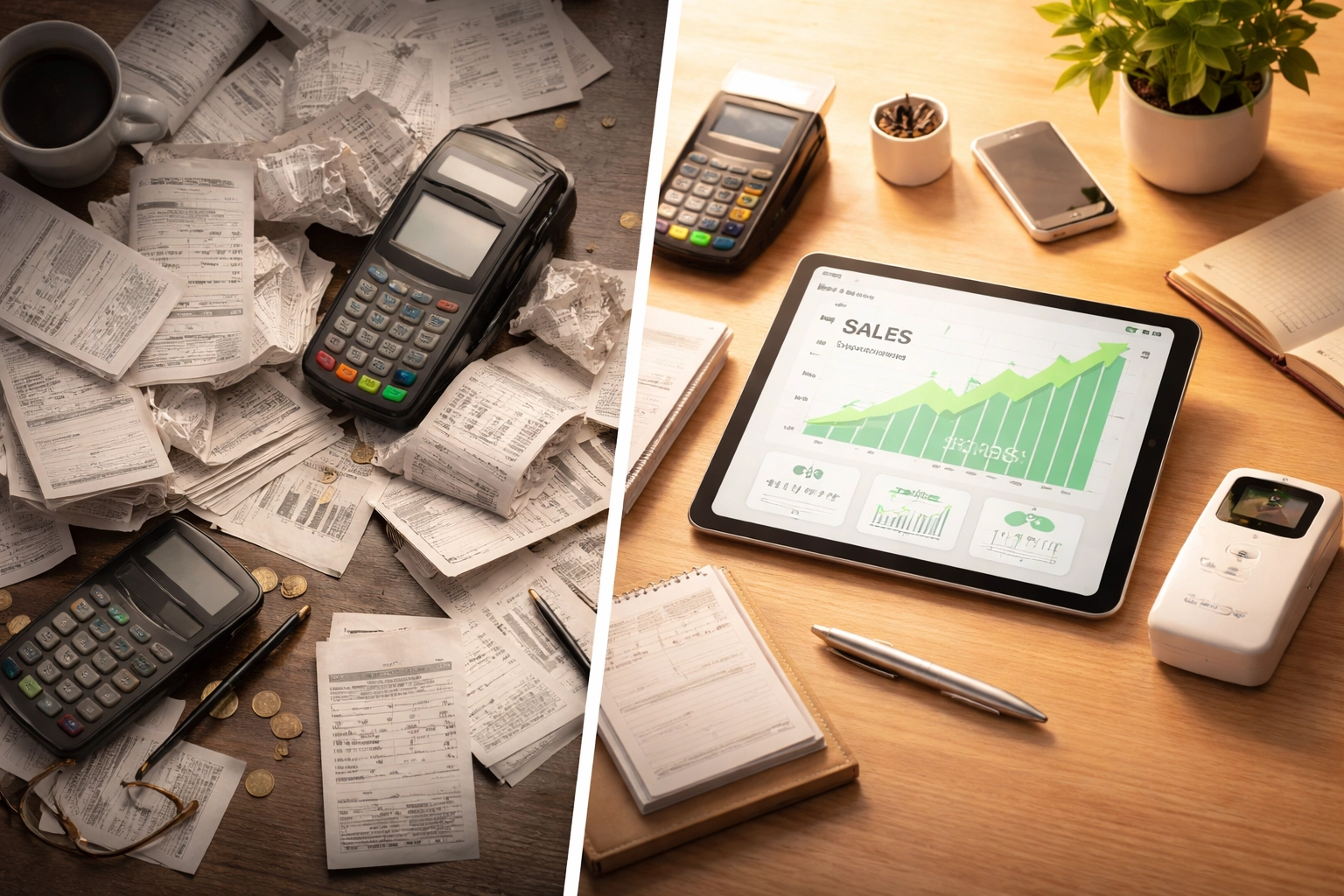 Split view of a messy traditional merchant desk versus a clean digital crypto dashboard, highlighting reduced interchange fees with Web3 payments.