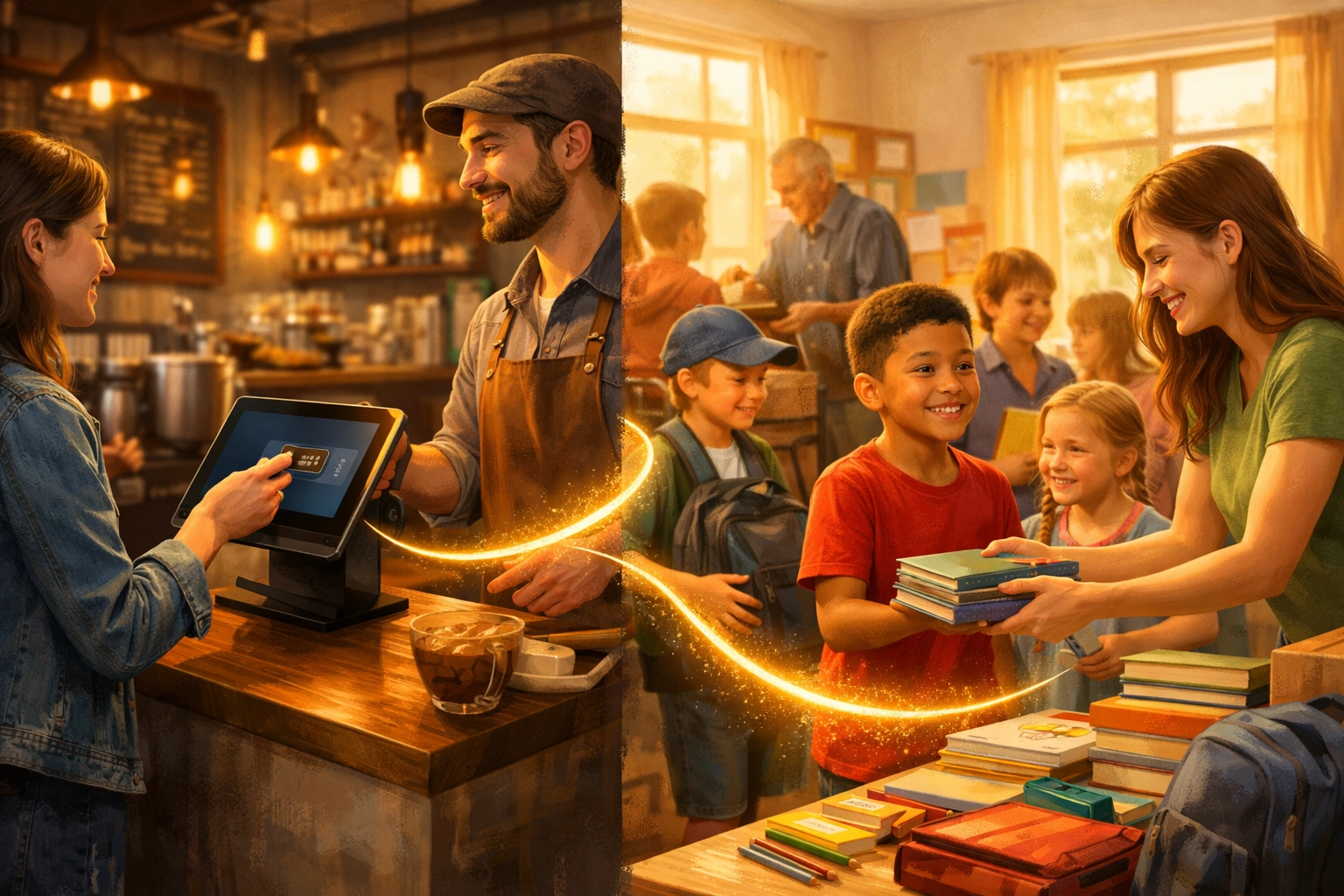 Crypto payment donation flow showing 1.5% charity impact from merchant checkout to community support