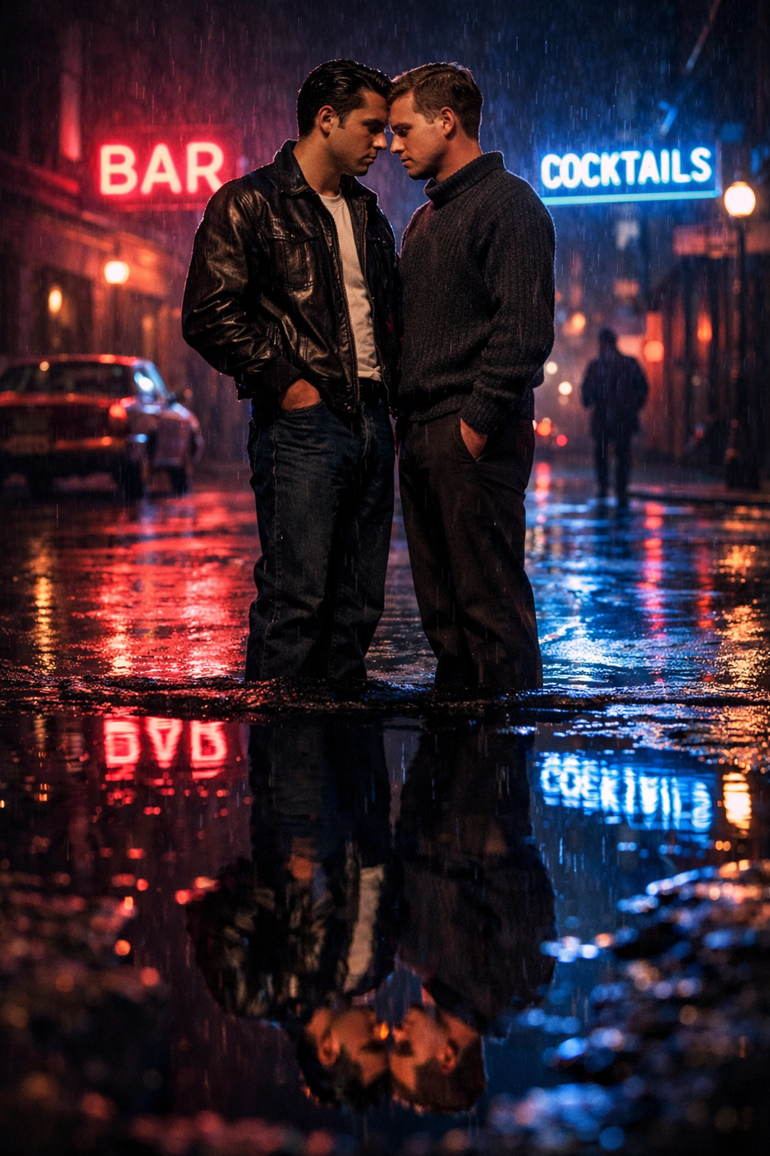 Two men depicting 1960s gay life and themes from mid-century pulp fiction