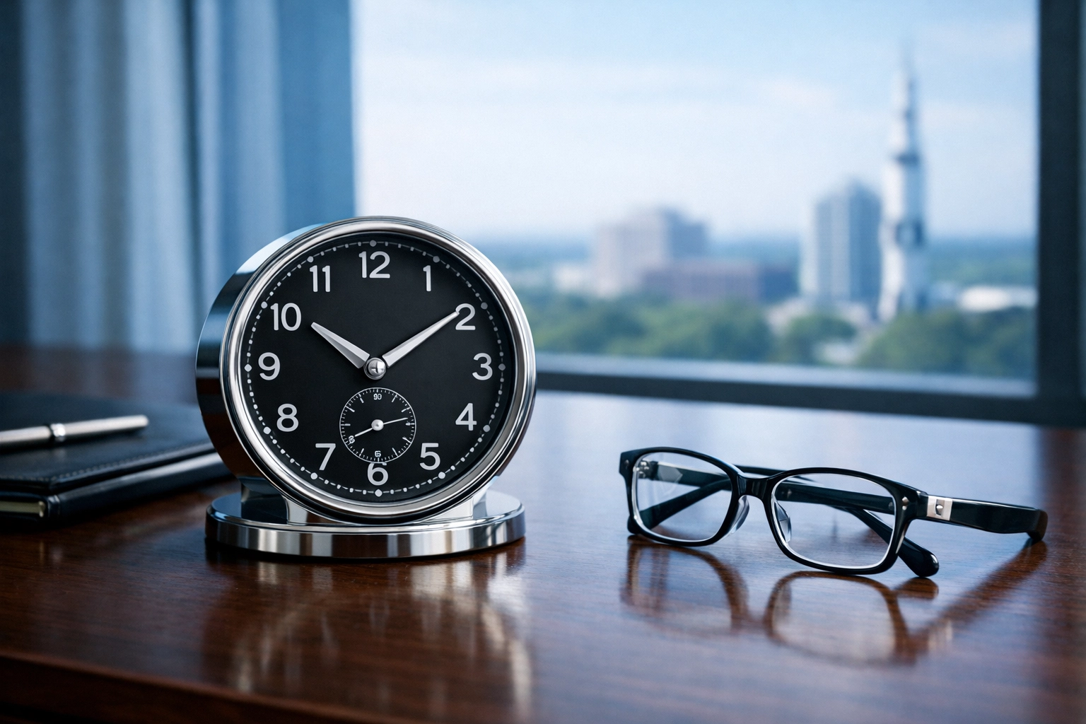 Desk with a clock overlooking Huntsville, representing the 2026 SBA reform deadline for selling an Alabama business.