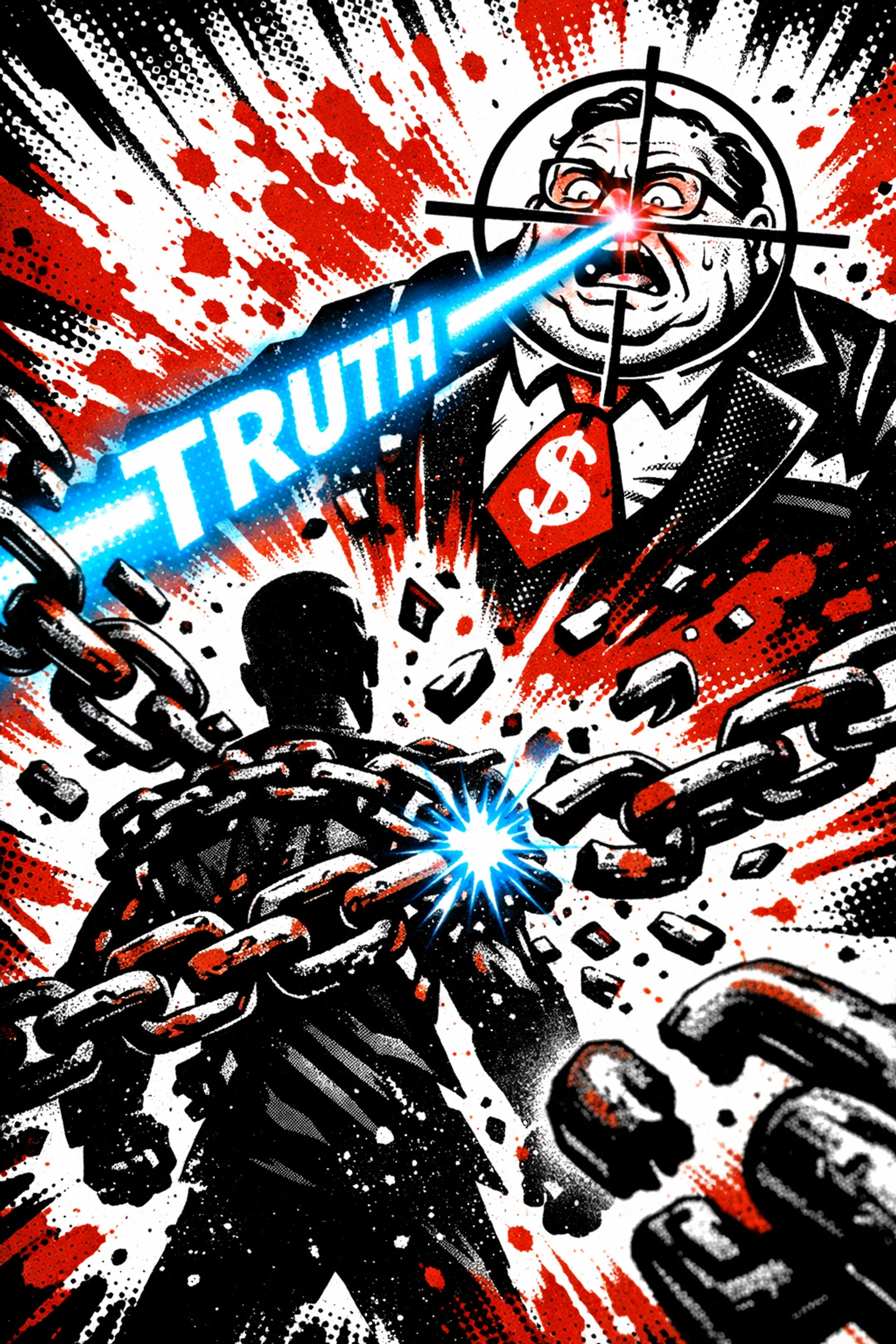 A truth laser shattering digital chains, representing the AI kill switch and breaking free from state control.