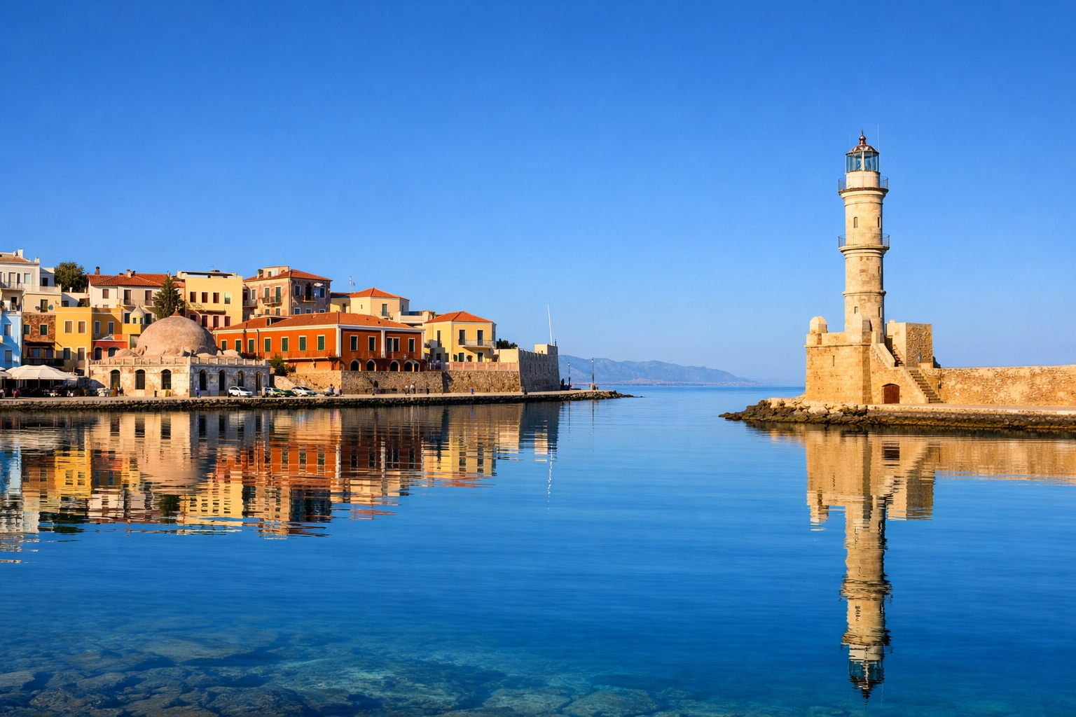 The scenic Venetian Harbour in Chania, Crete, with historic buildings reflecting in the calm Mediterranean water.