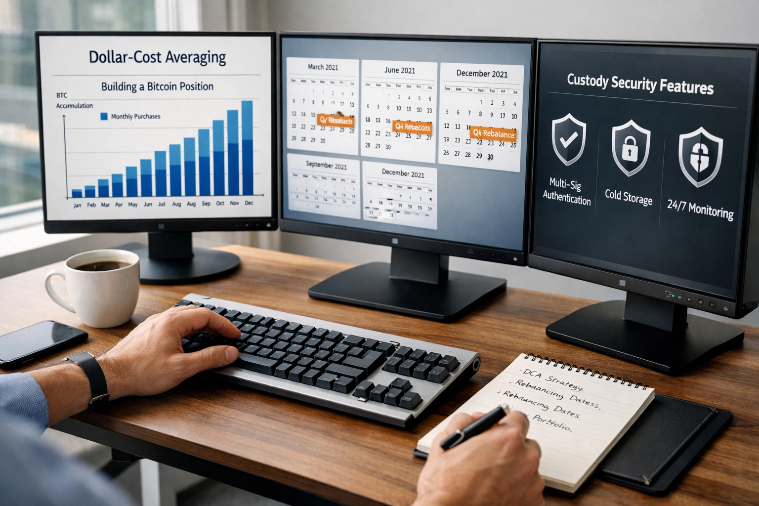 Professional investor monitoring dollar-cost averaging strategy and portfolio rebalancing schedules