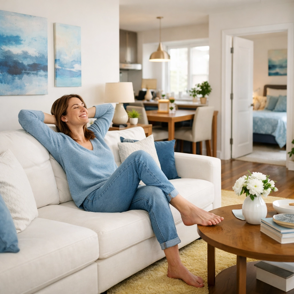 Homeowner relaxing in a spotless home after professional cleaning a 2-bedroom apartment.