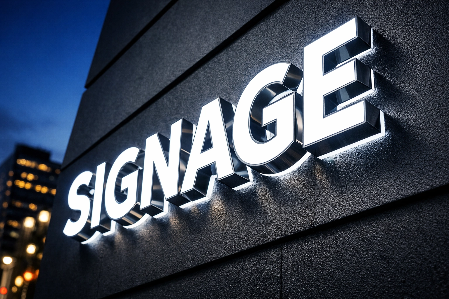 Professional 3D channel letter sign glowing on a Dallas storefront facade.