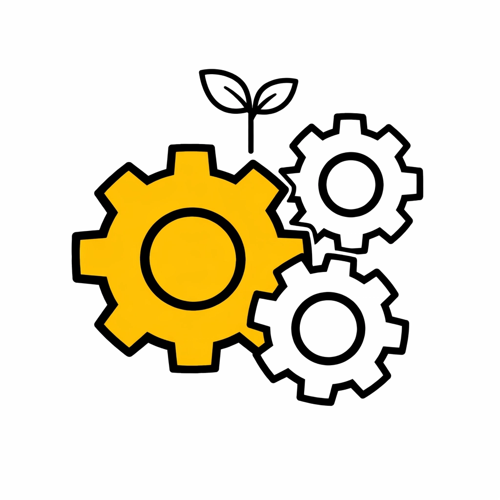 Interlocking gears with a small sprout, illustrating how consistent HRIS optimization drives long-term business scaling.