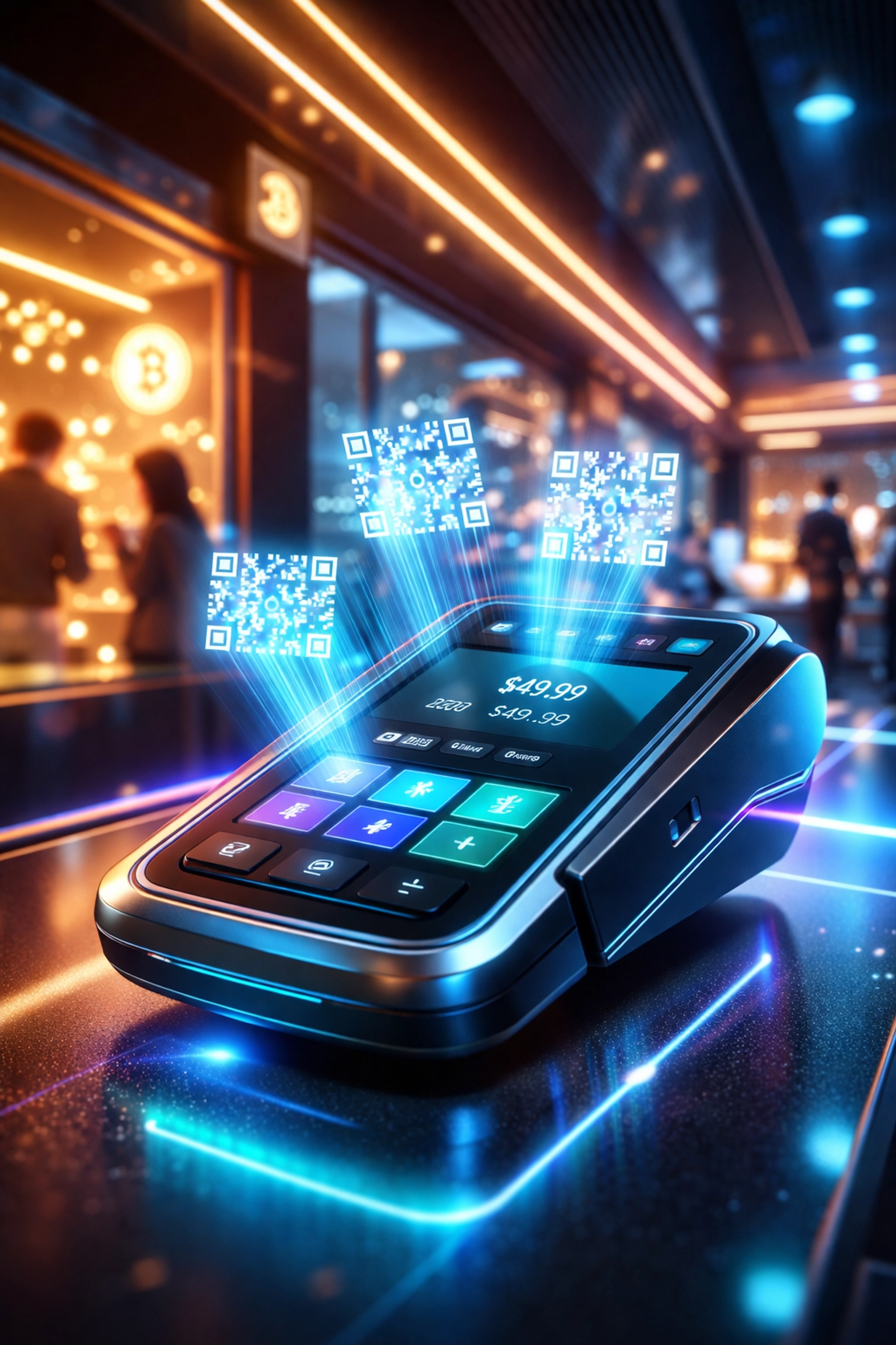 Futuristic point-of-sale terminal with QR codes in a modern retail store, showcasing Larecoin crypto payments.