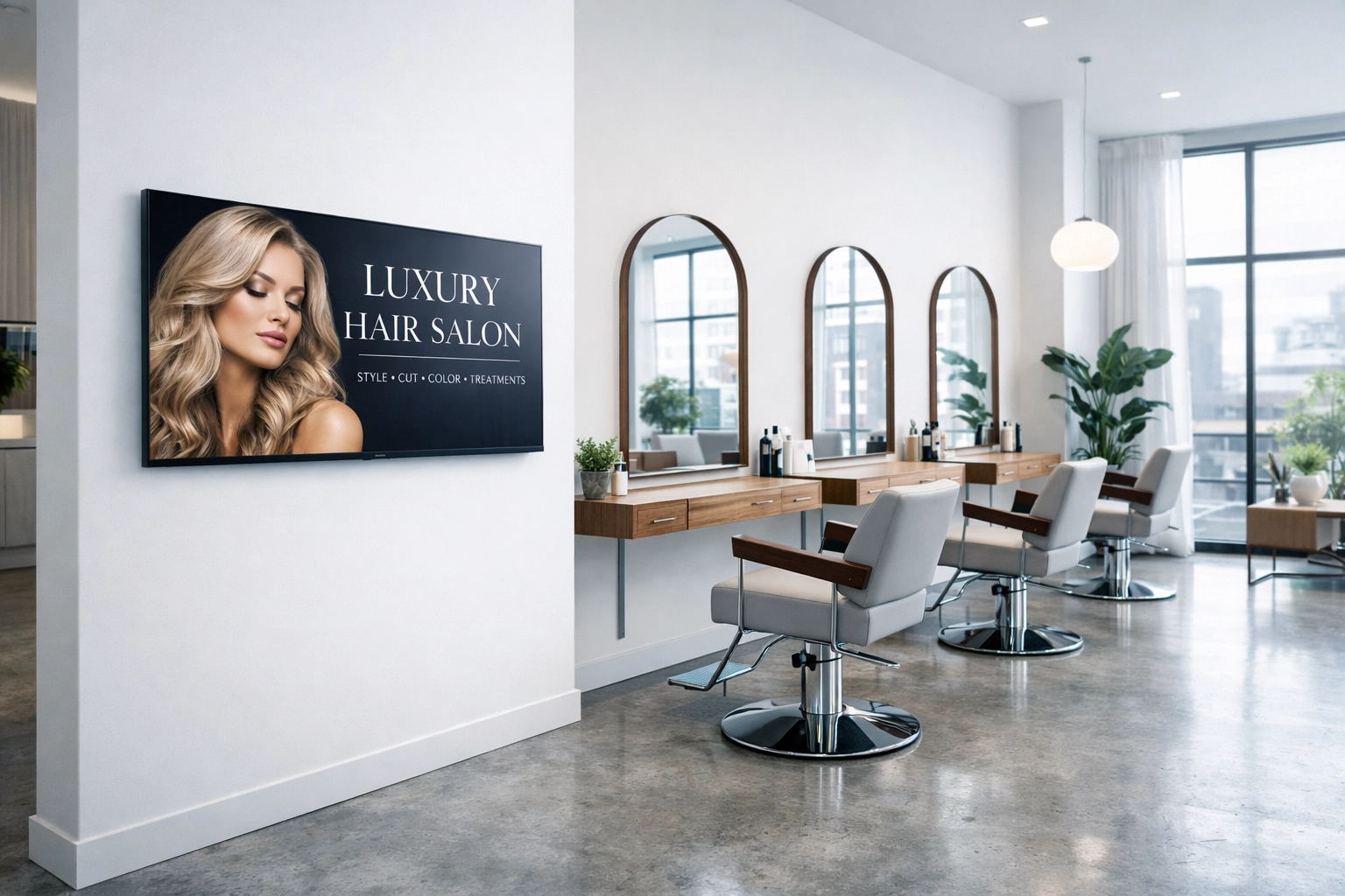 Digital signage screen in a luxury hair salon used for hyper-targeted beauty and lifestyle advertising.