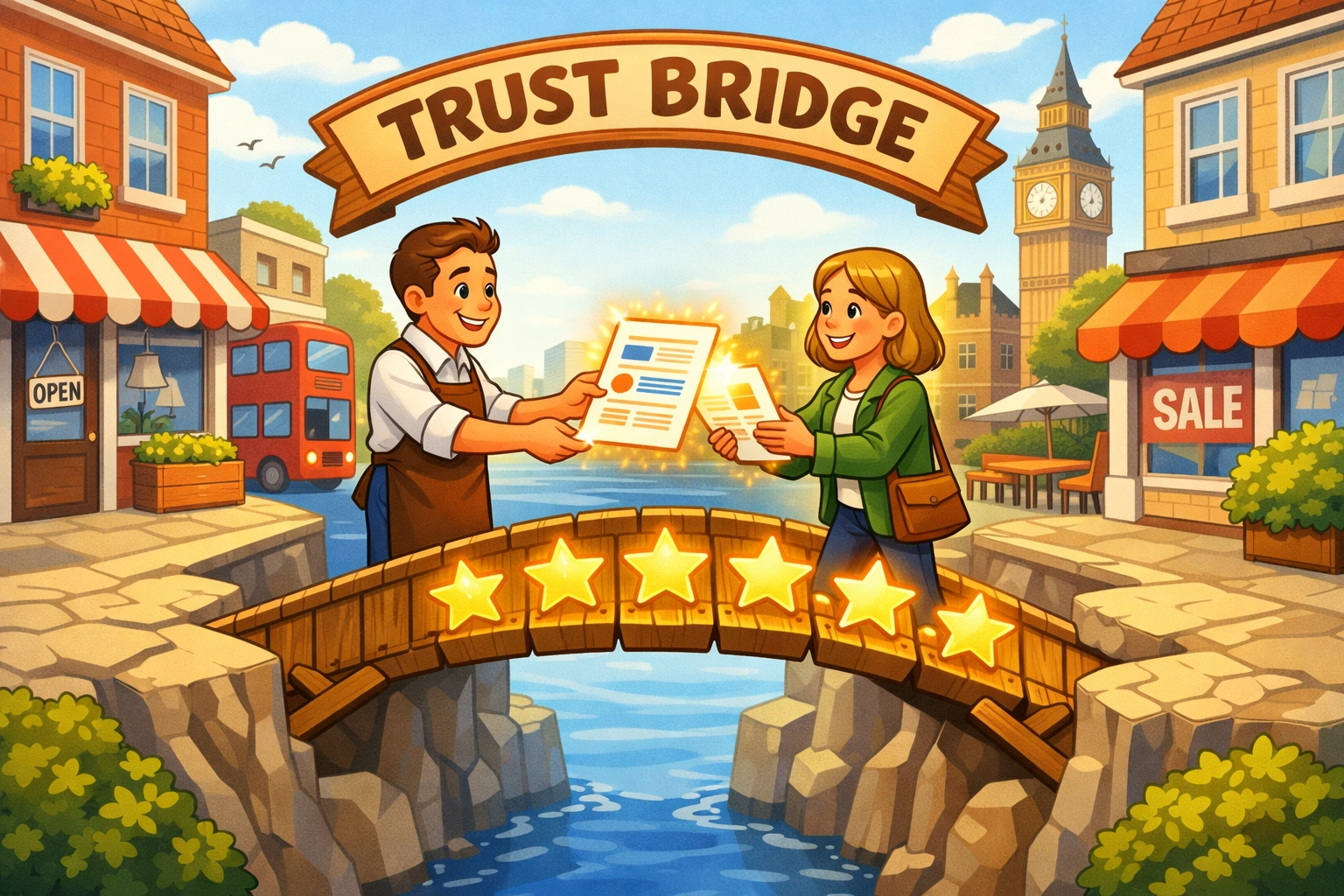 Business owner building customer trust through informative documents and social proof reviews.