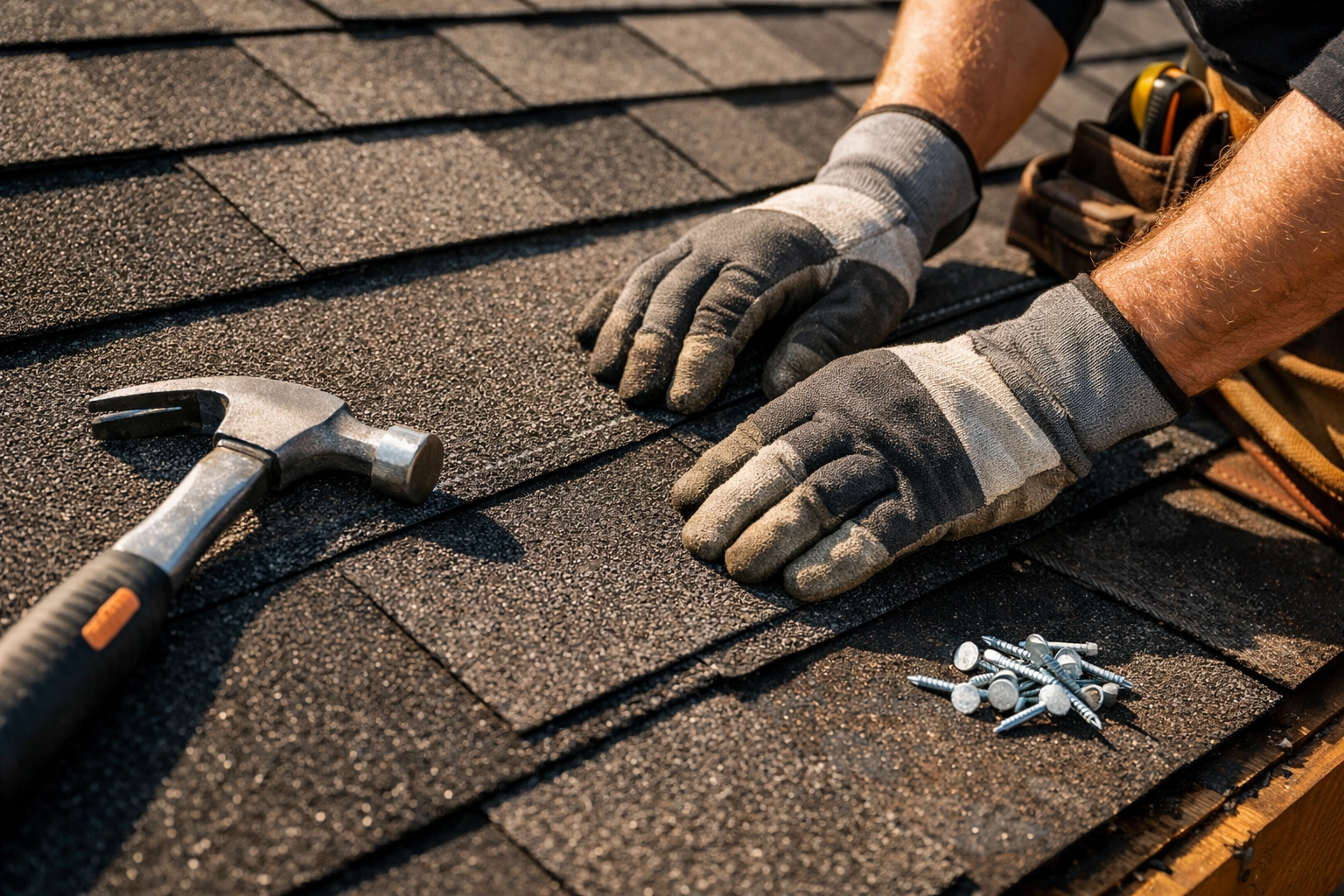 Professional roofer installing architectural shingles during roof replacement in Charlotte NC