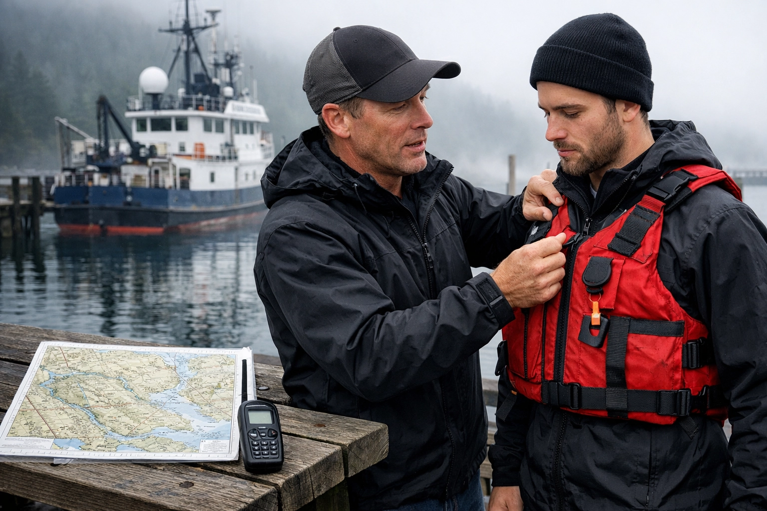 A professional guide fitting a life jacket on a student during a PNW marine science expedition.