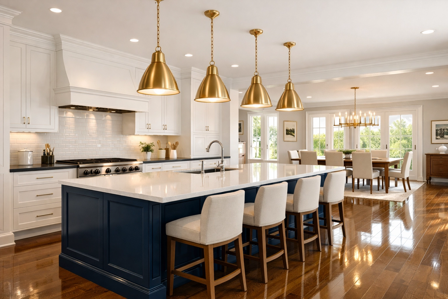 Impeccably clean luxury kitchen with a navy blue island, showcasing professional cleaners MA deep cleaning results.