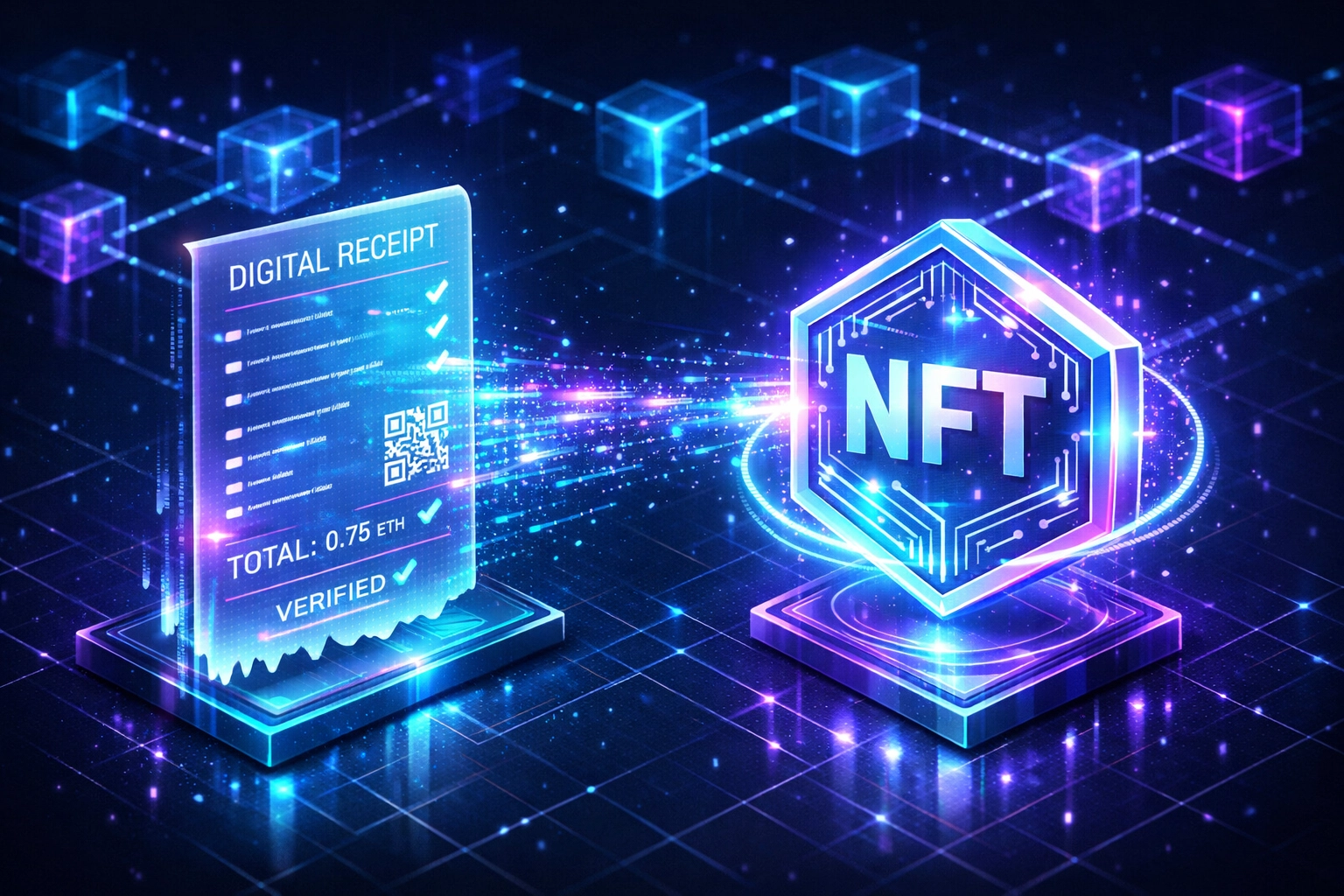 Digital receipt transforming into NFT token on blockchain for payment verification and fraud prevention