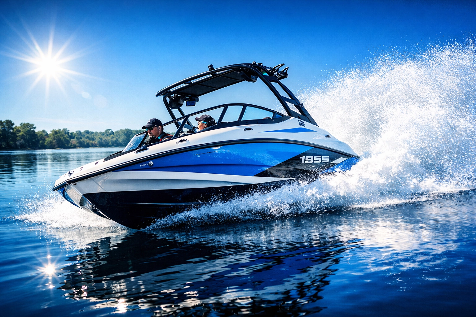 A 2026 Yamaha 195S jet boat speeding across Arcadia Lake near Oklahoma City.