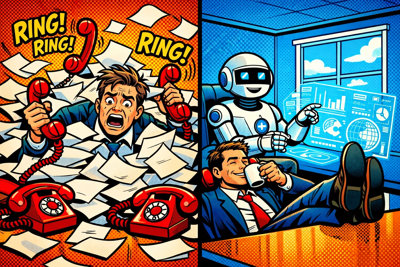 A business owner transitioning from manual paperwork to efficient AI business automation.