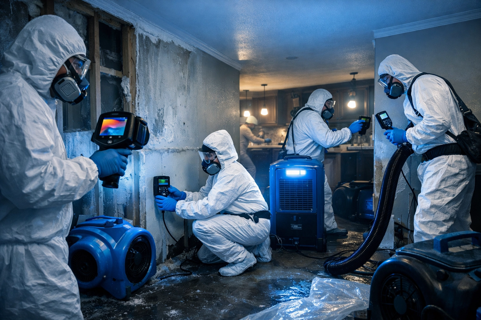 Professional water damage restoration team using thermal imaging and drying equipment