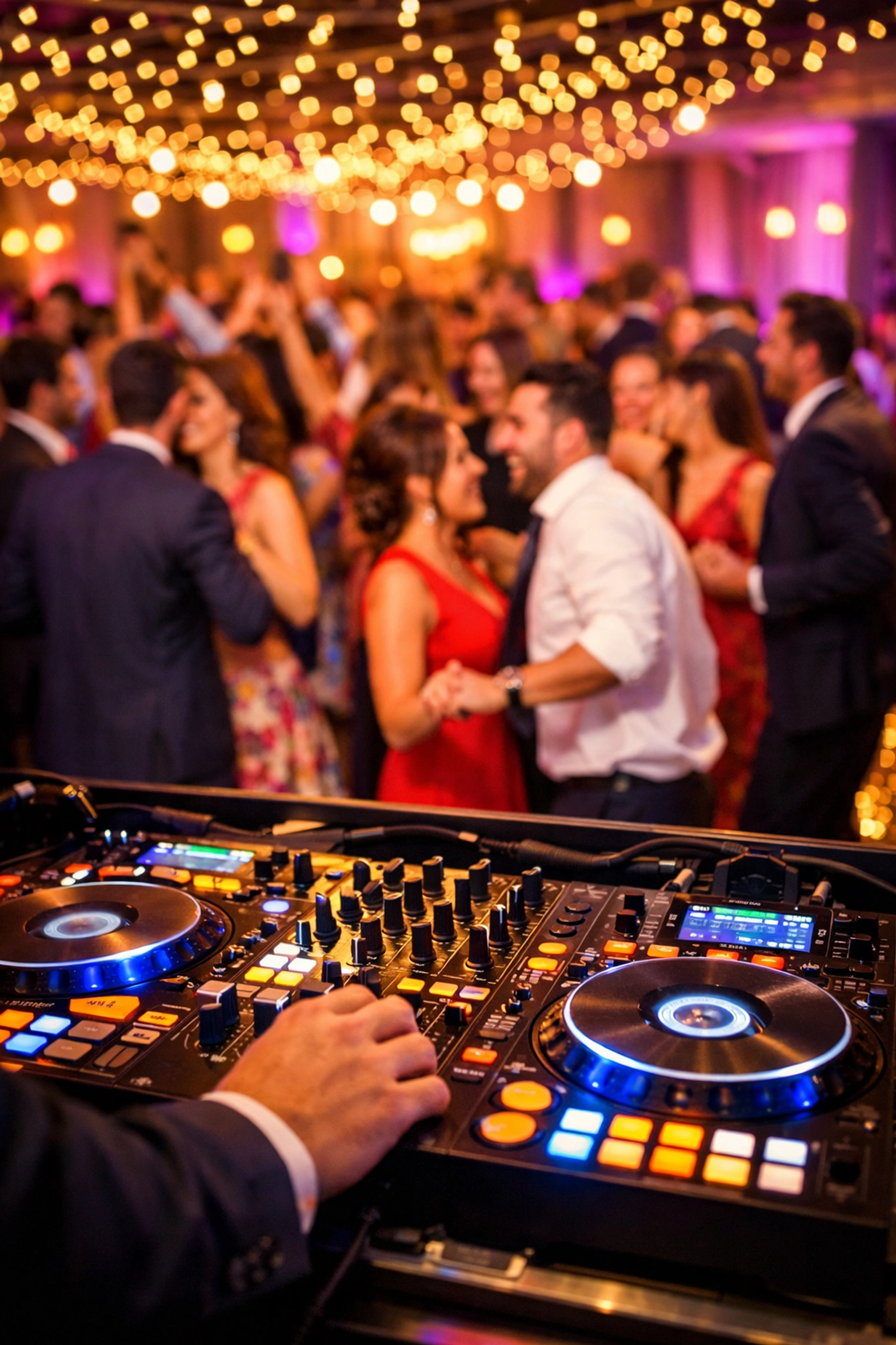Professional wedding DJ Gold Coast hire setup with an illuminated controller and guests dancing at a reception.
