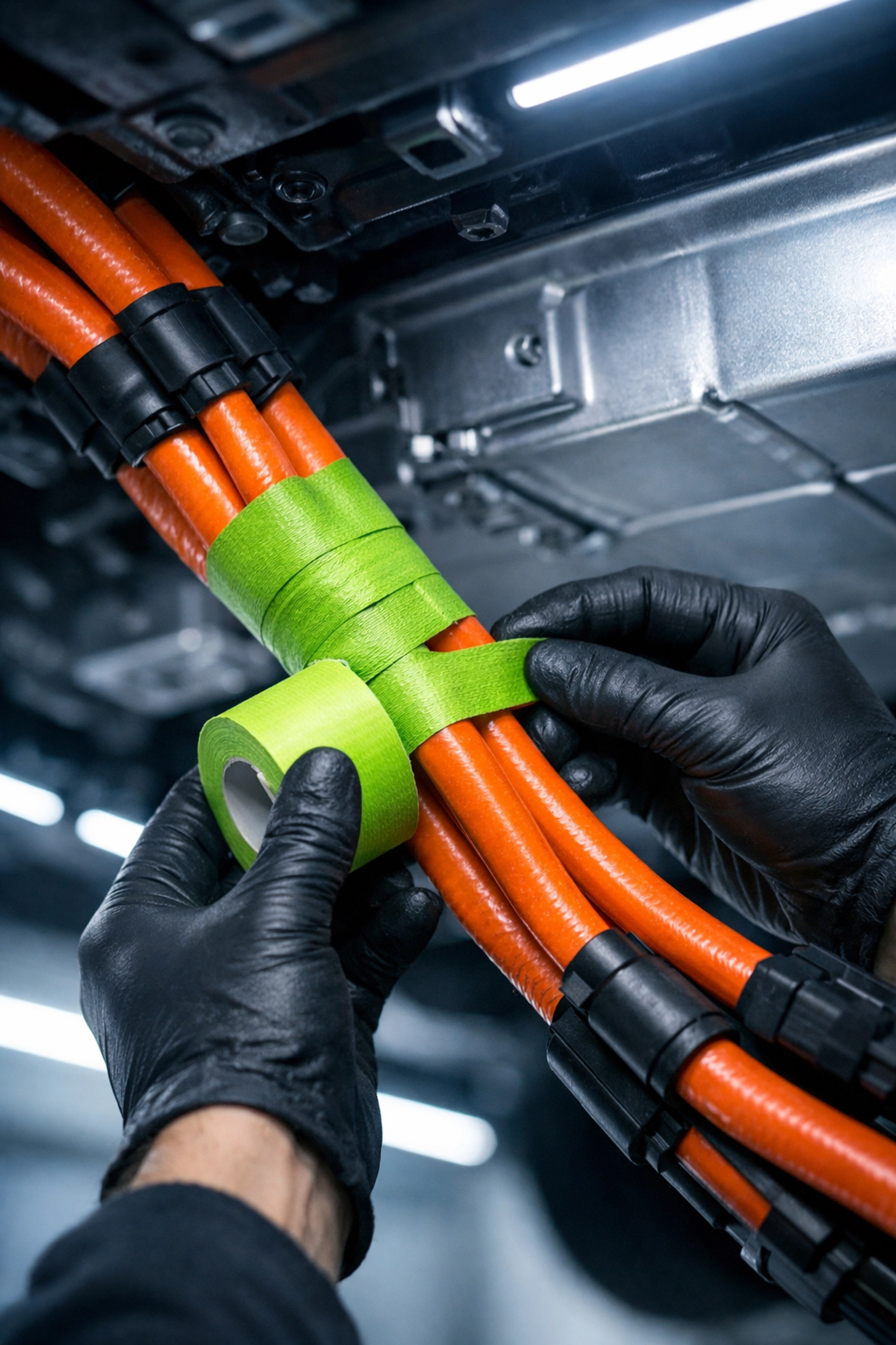 Meticulous masking of orange high-voltage cables on an electric vehicle before rustproofing.