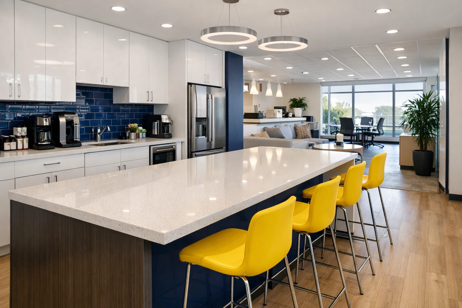 A spotless office breakroom in Boxborough showcasing the results of expert commercial cleaning.