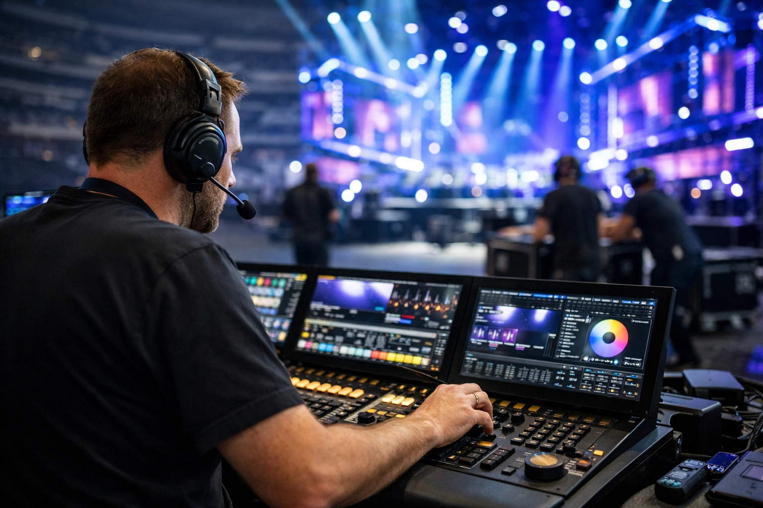 Technical production crew coordinating audio-visual settings behind the scenes of a major event.