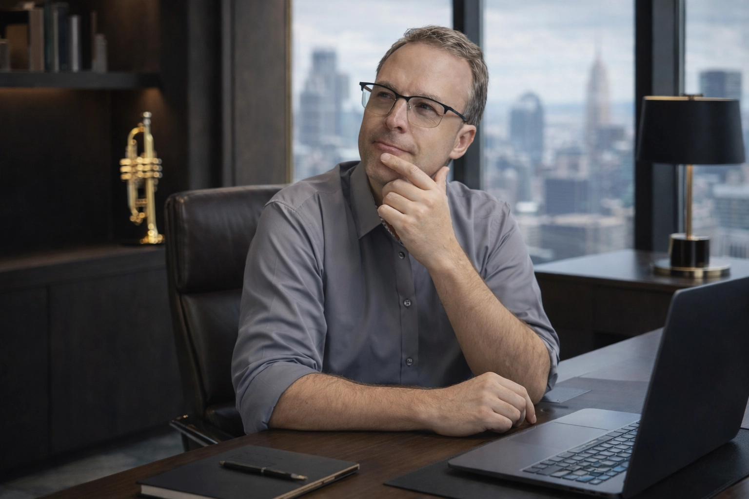 A man in glasses and a gray shirt at a desk