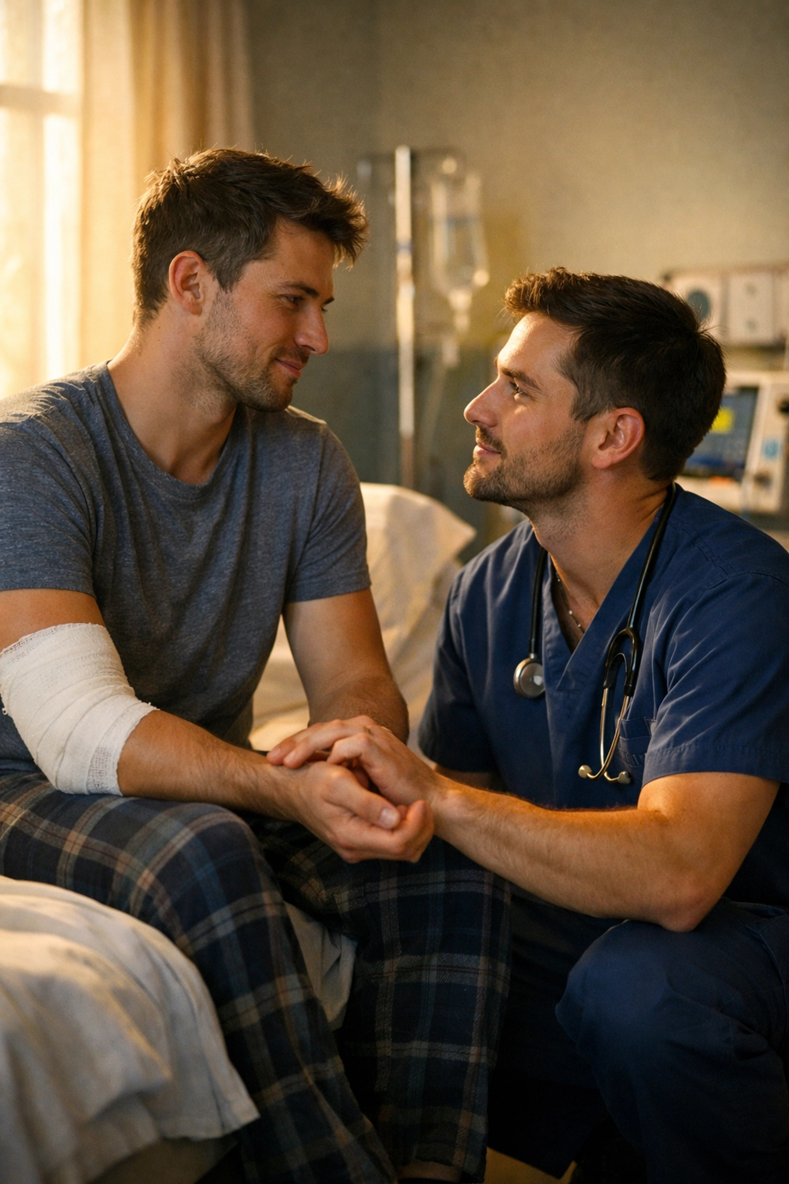 Gay romance hurt comfort scene: caregiver tends to injured man in hospital bed, MM romance story