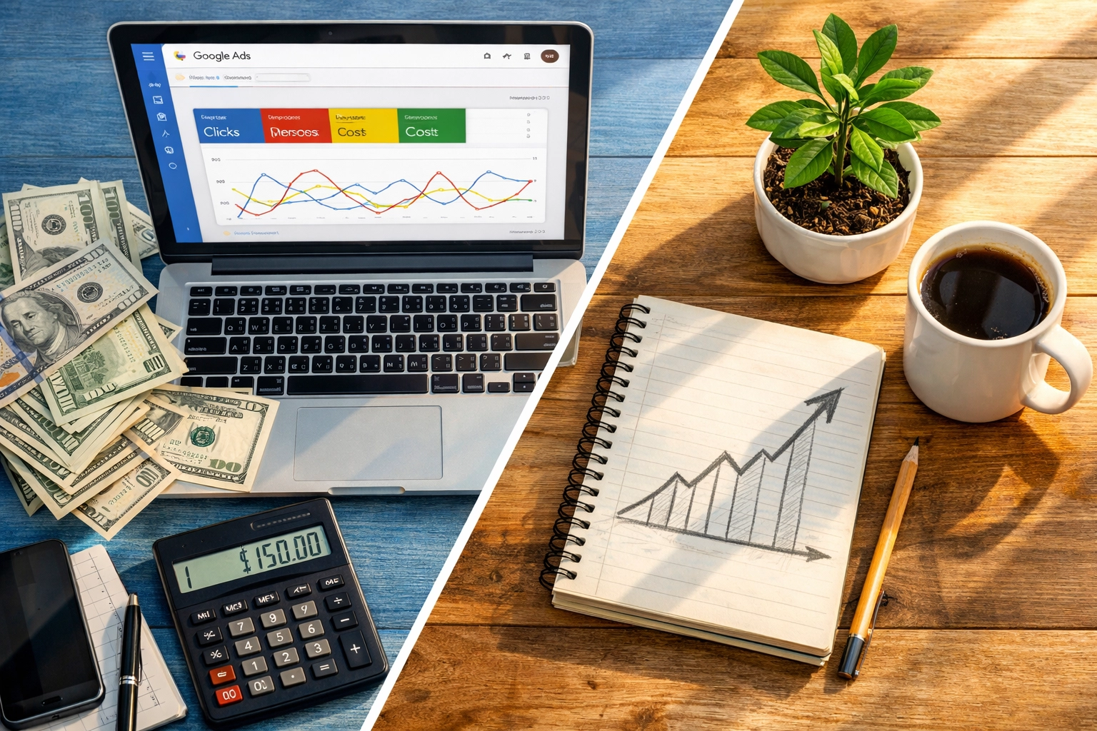 Business desk comparing Google Ads budget spending with organic SEO growth strategy