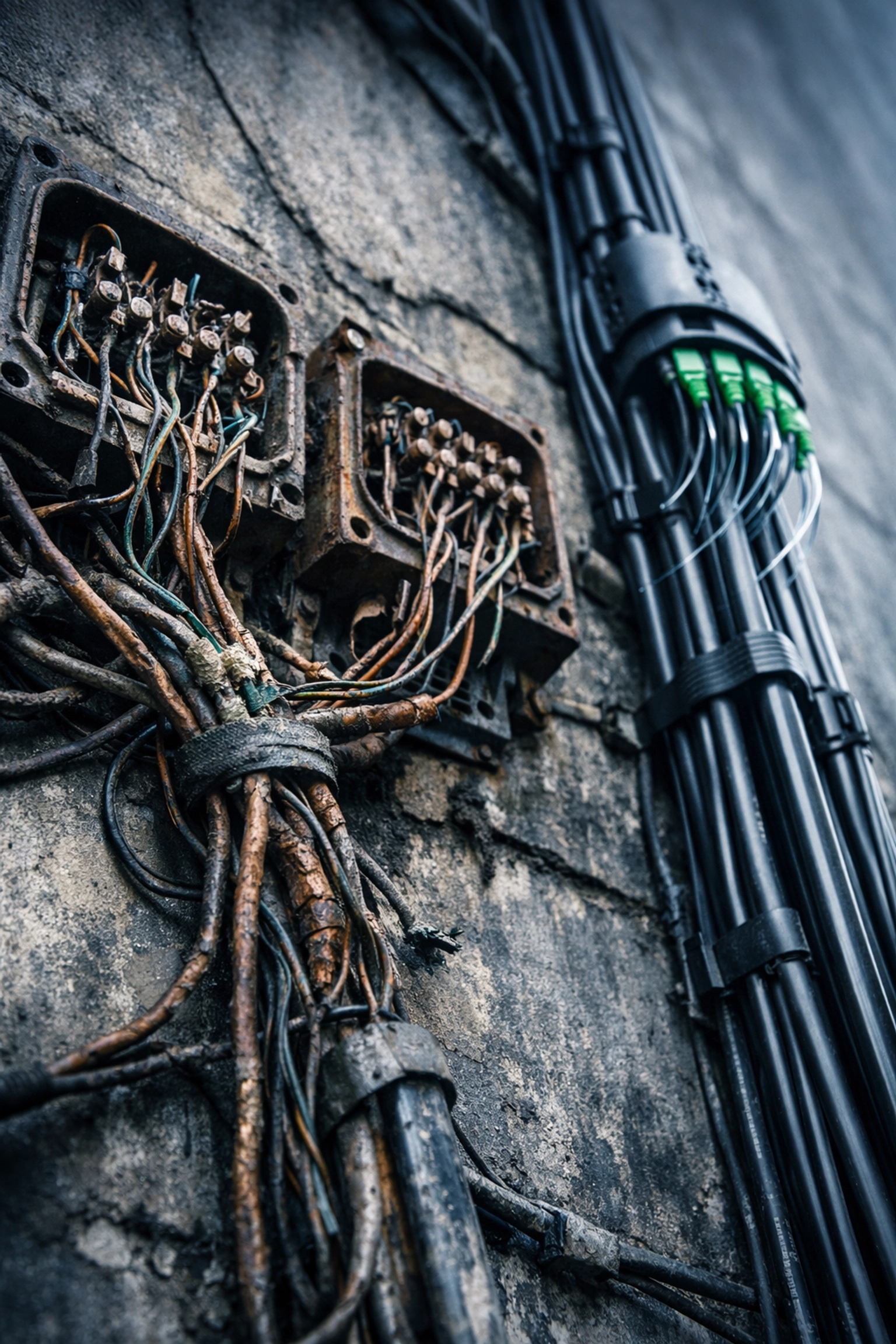 Old copper telephone wiring next to modern fiber optic cables showing POTS replacement transition
