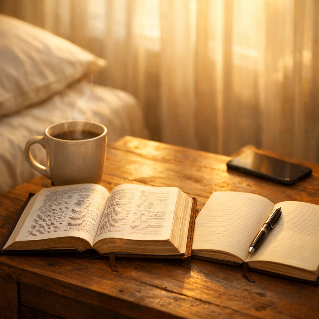 Morning devotional setup with open Bible and journal beside coffee, phone face-down ignored