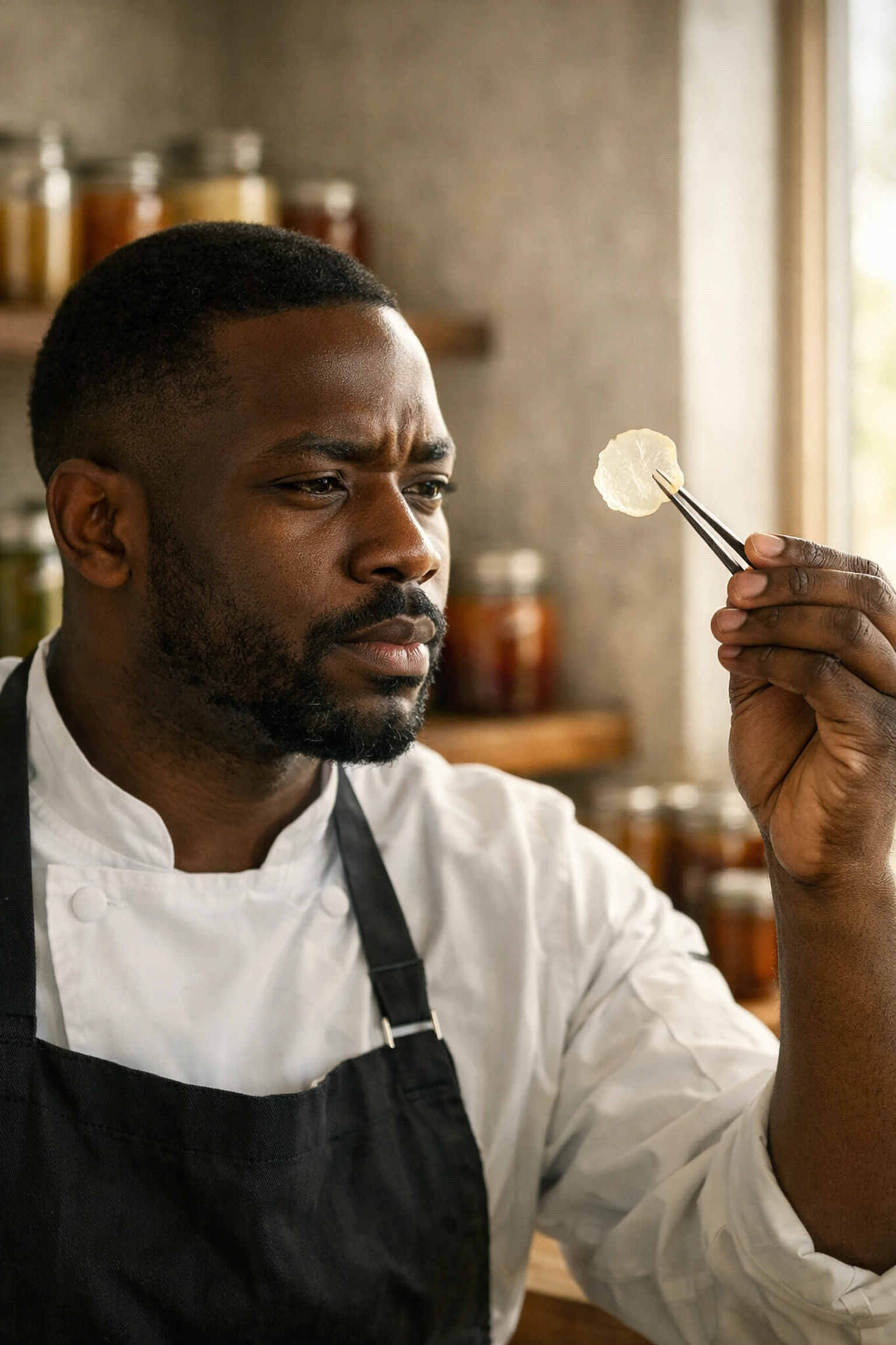 Chef inspecting ingredients for a New Nordic concept development at a high-end San Francisco restaurant.
