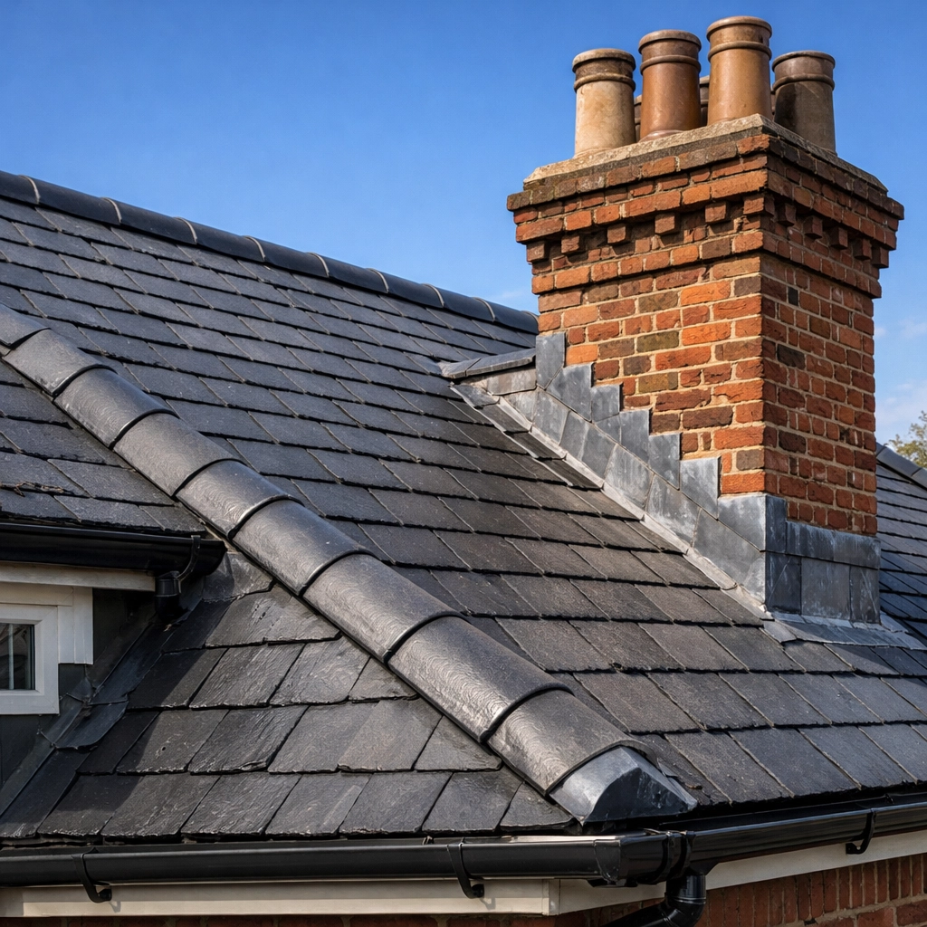 Well-maintained slate roof and brick chimney on a high-value traditional home in Marlow.