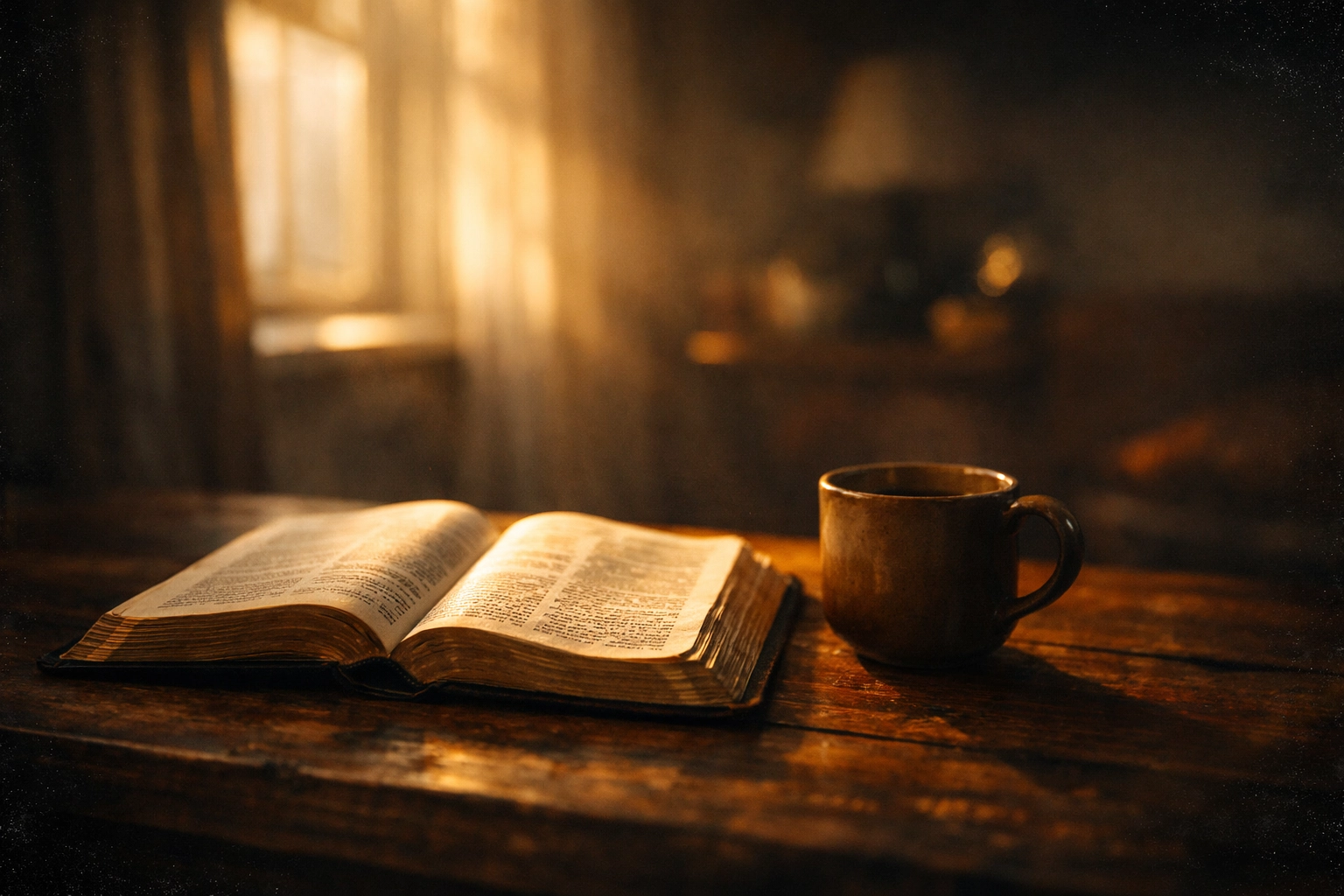Open Bible with coffee on wooden table in morning sunlight for daily devotional study