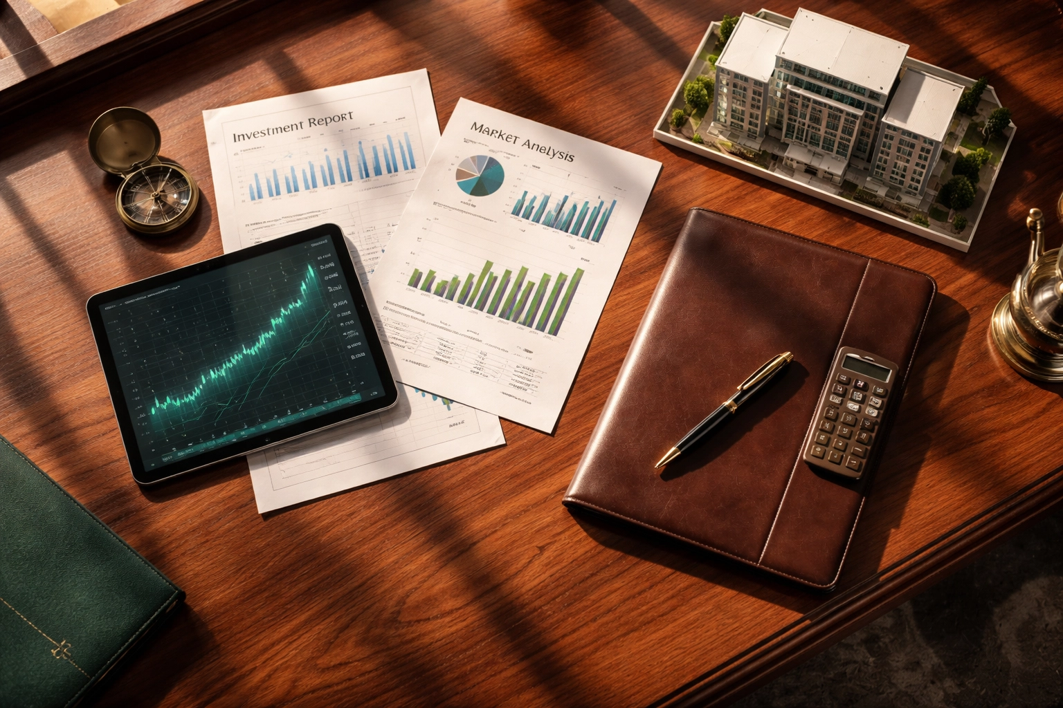 Luxury office desk with investment documents and charts highlights wealth management in alternative investment strategies.
