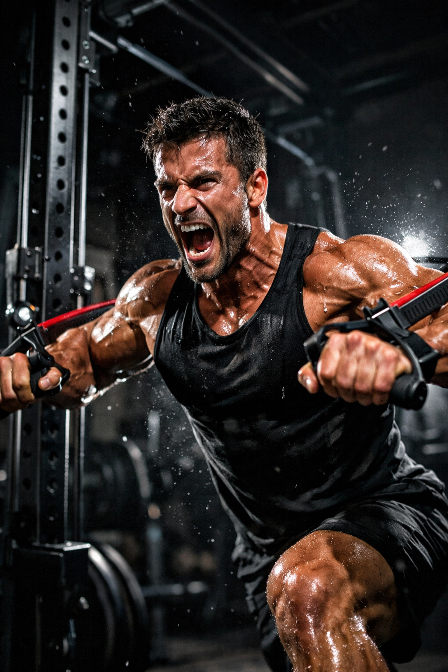 Athlete performing a high-intensity resistance band chest press on a vertical home gym rail system.