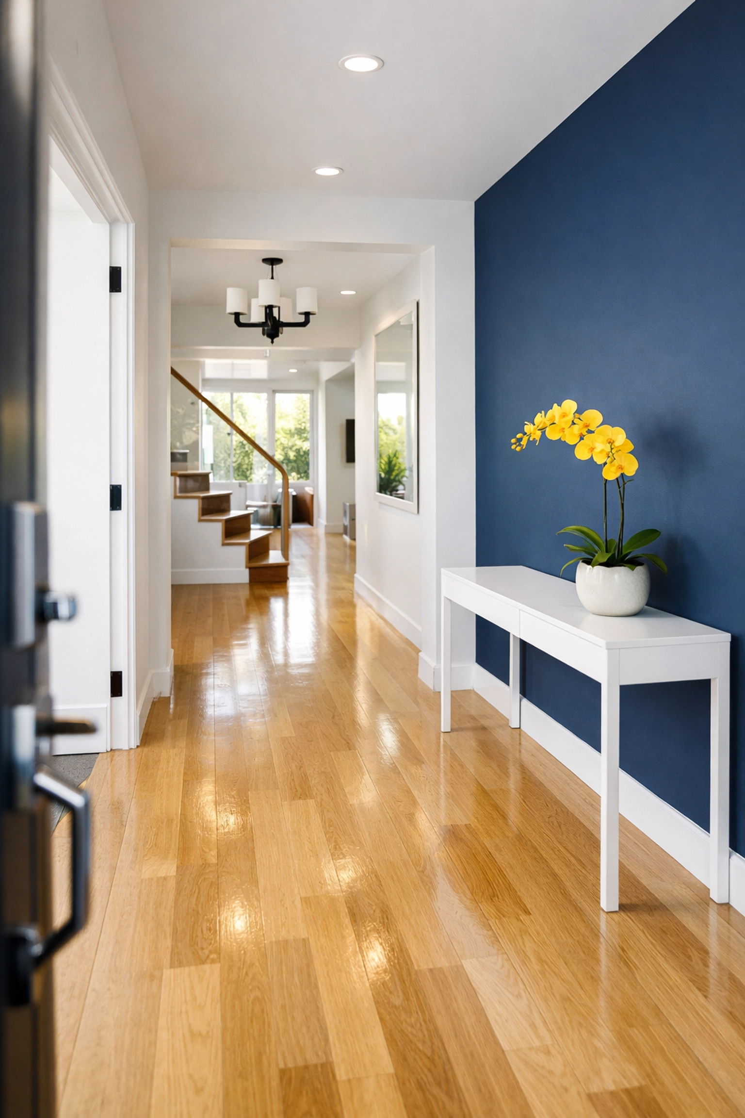 A spotless modern entryway with polished hardwood floors prepared for a real estate open house showing.