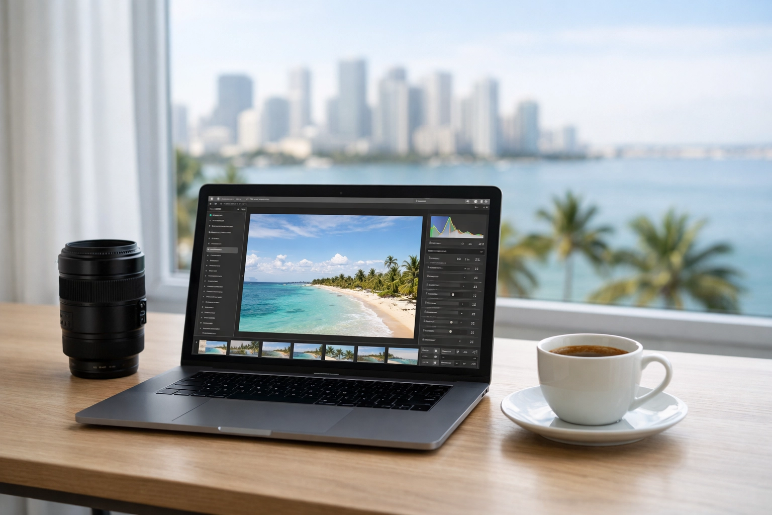 Professional photo editing workspace in Miami featuring a camera lens and landscape shots on a monitor.