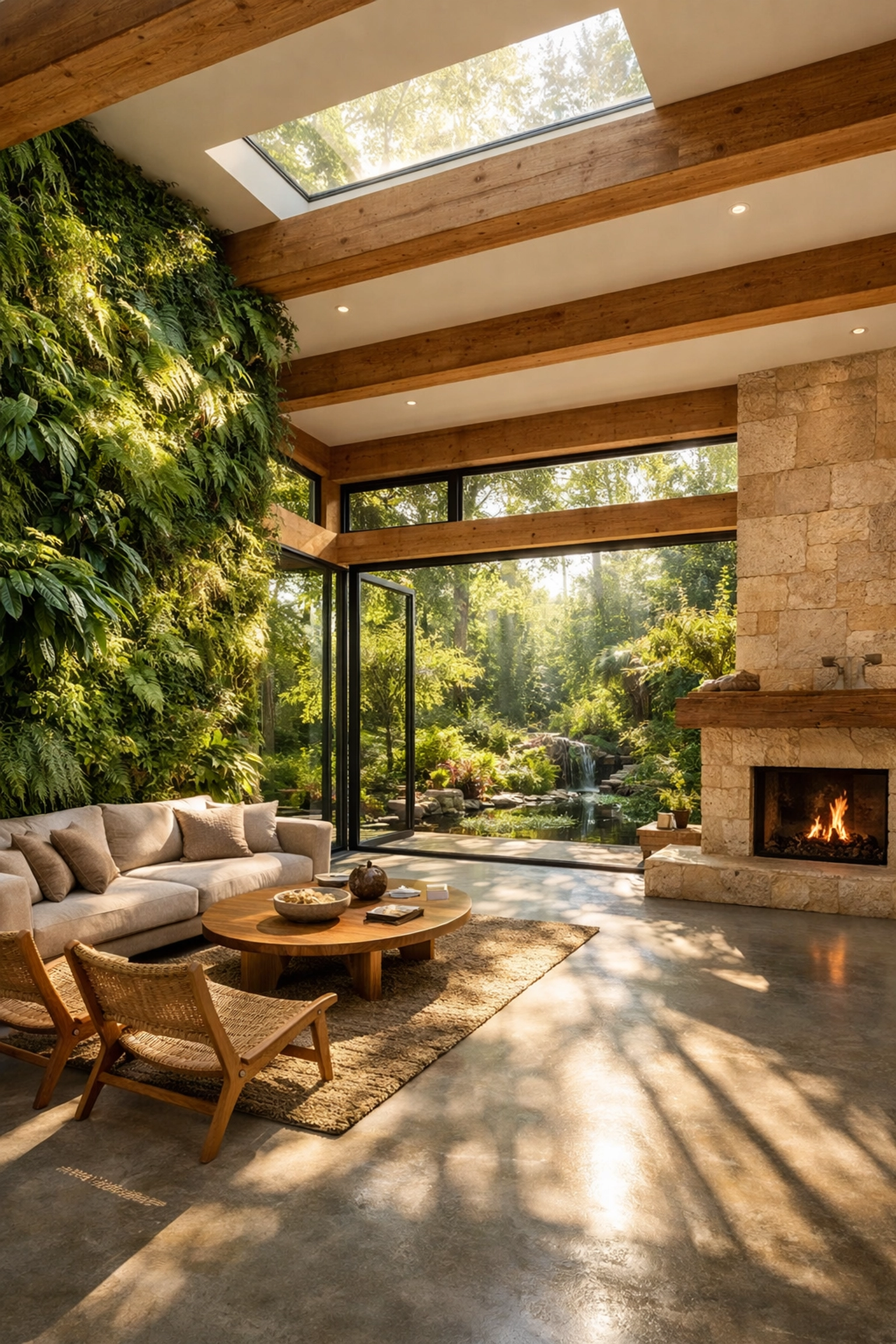 Eco friendly home designs featuring biophilic living rooms with floor-to-ceiling glass walls.