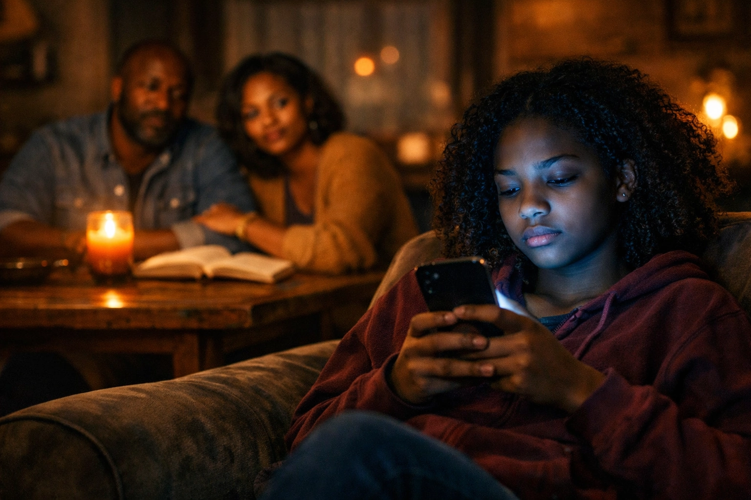 Concerned Christian parents observing their teenage daughter distracted by social media in a living room.