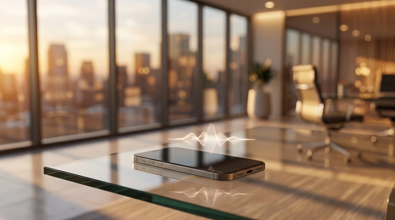 A sleek, modern office environment showing a holographic voice interface