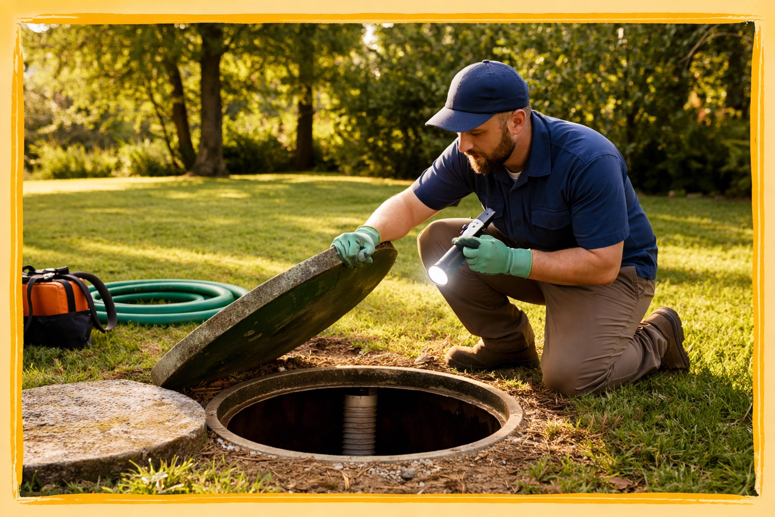 Inspector checking septic tank on a green Connecticut property, demonstrating septic inspection for home buyers.