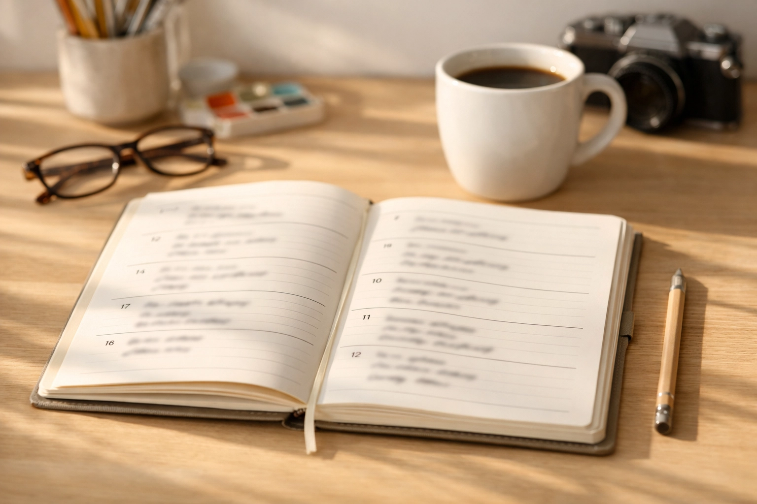 Weekly planner with retirement activities surrounded by hobby items and coffee on desk