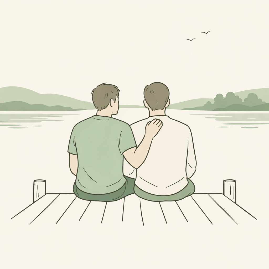 Illustration of two men on a pier sharing an emotional bond, representing ace and aro companionship in gay fiction.