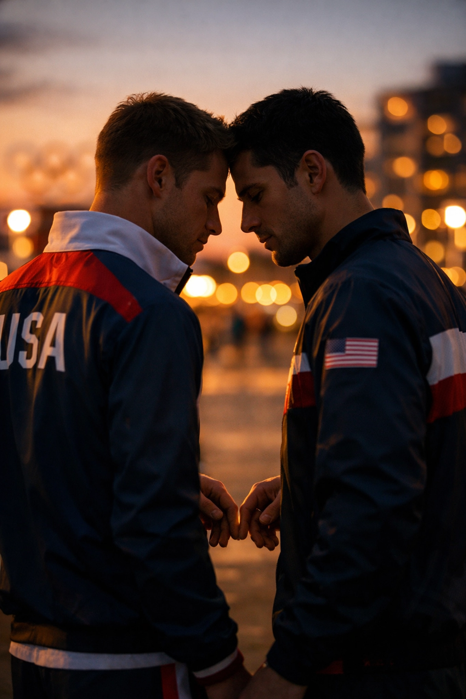 Two gay athletes share intimate moment at Olympic Village at dusk