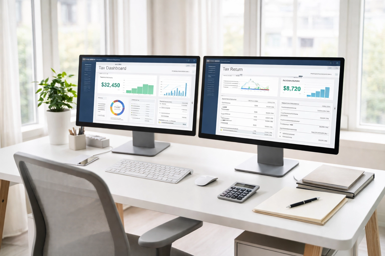 Modern tax office workspace with dual monitors, illustrating service bureau efficiency for tax professionals