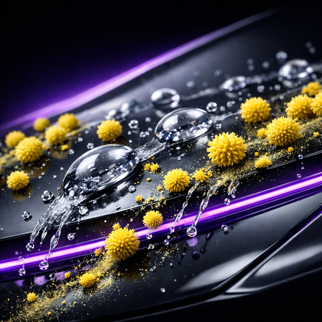 Ceramic coating repelling yellow pollen on car surface in Raleigh NC