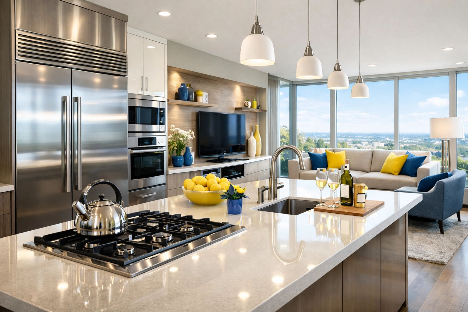 Pristine open-concept kitchen in a Cambridge apartment following a professional move-out clean.