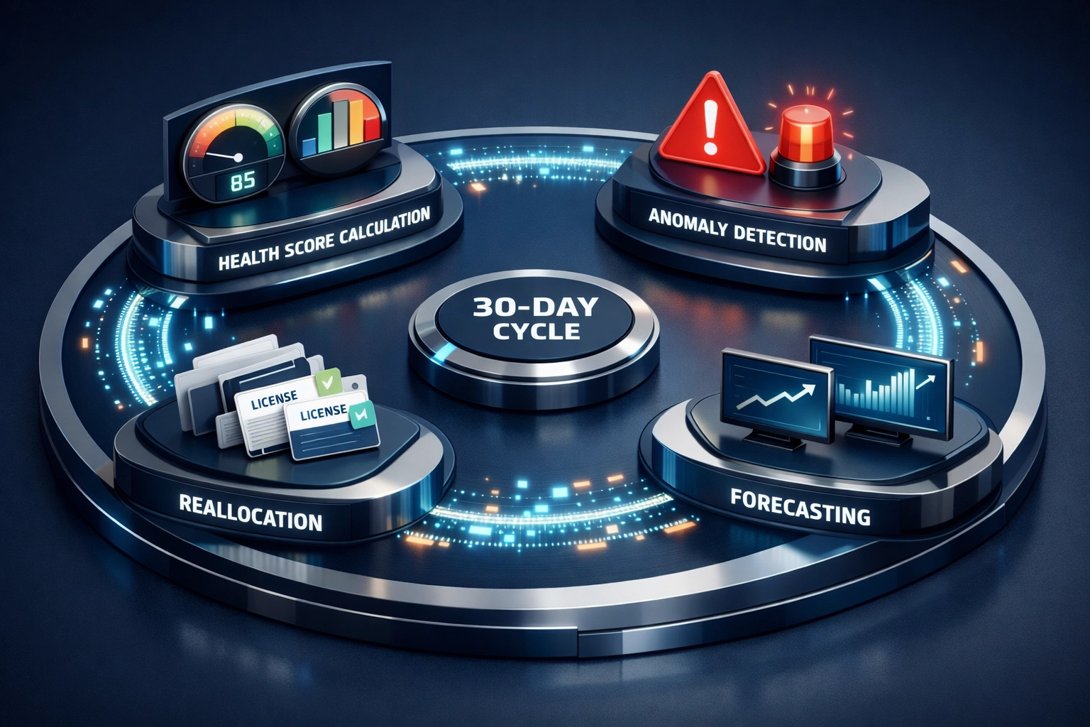 Continuous ServiceNow ITAM optimization cycle showing 30-day monitoring and reallocation workflow