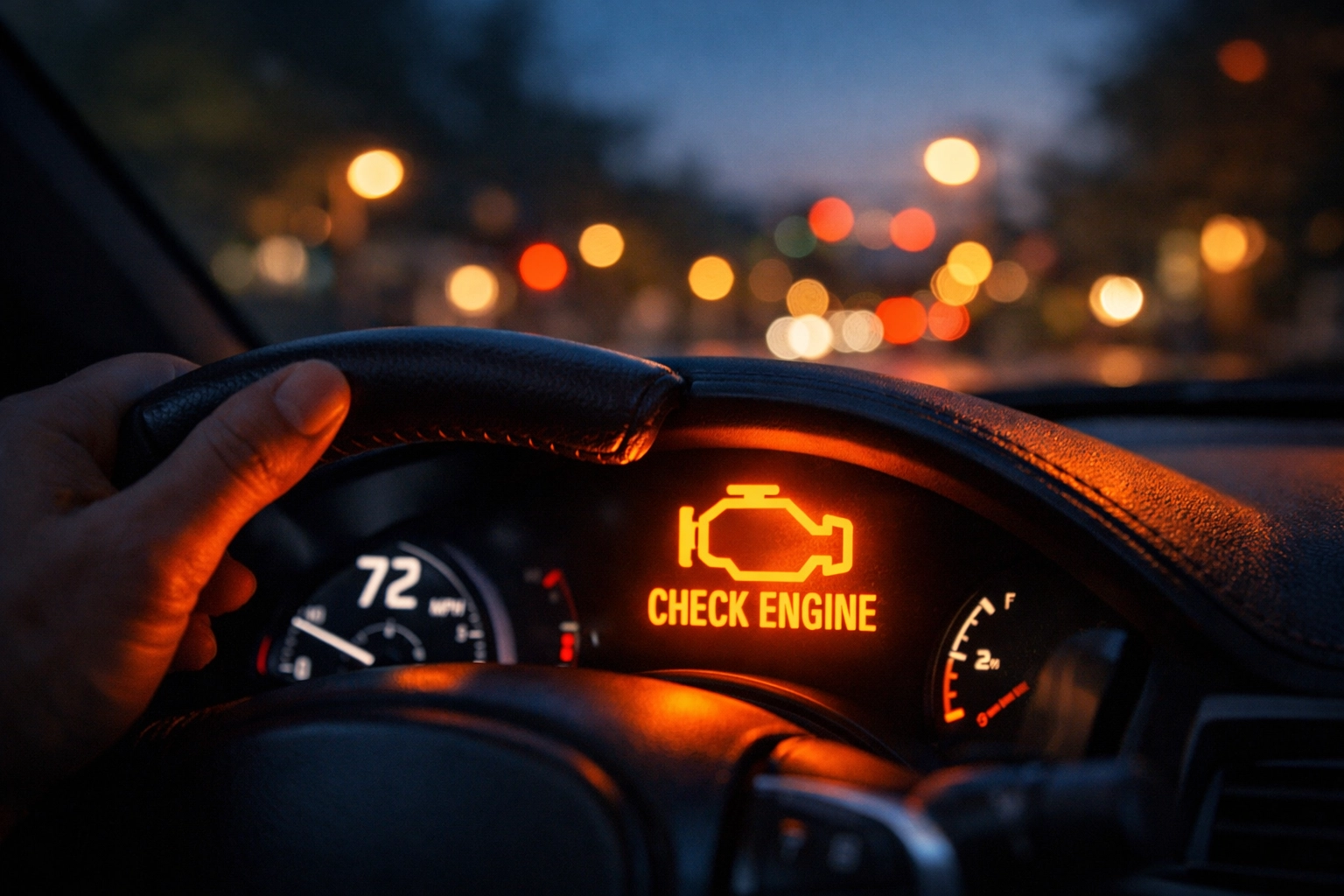 Amber check engine light glowing on a car dashboard in New Cumberland, PA.